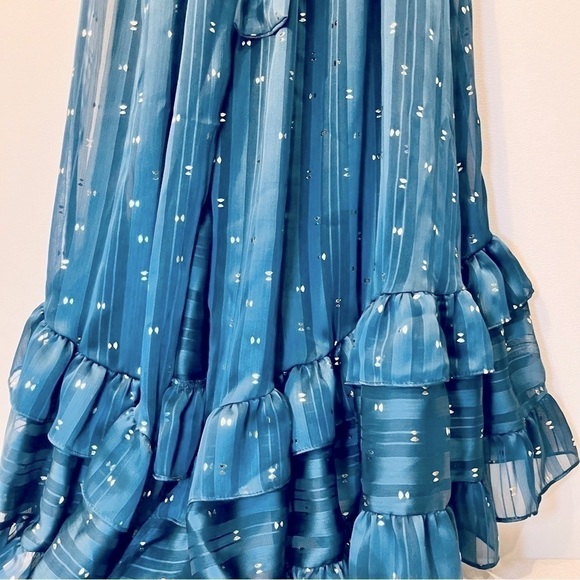 NEW Misa Los Angeles Blue Ruffle Maxi Faux Wrap Long Sleeve V Neck Sheer Dress - Picture 15 of 16